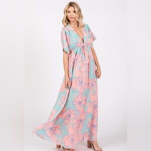Vanilla Bay Pink Blush Salmon Floral Back Cutout V-neck Maternity Maxi Dress